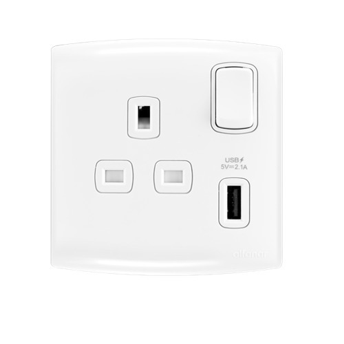 Electrical Switch Socket With USB Charge 13 Amp 7x7 cm White | Al Fanar